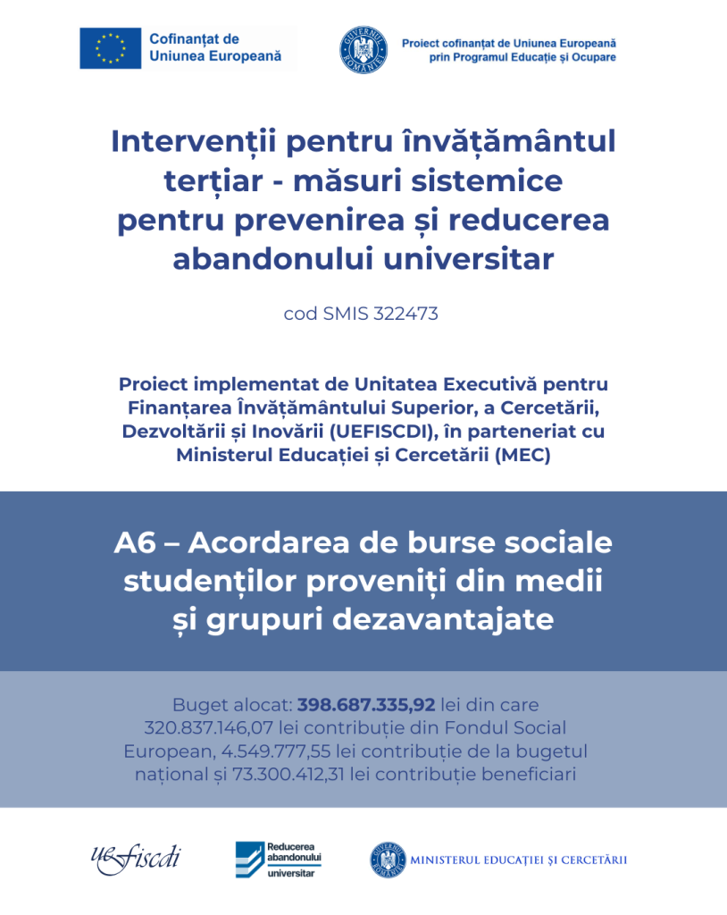 Anunț privind acordarea bursei sociale prin proiectul Intervenții pentru învățământul terțiar – măsuri sistemice pentru prevenirea și reducerea abandonului universitar
