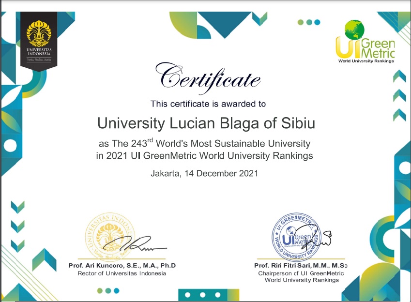 ULBS ocupă locul 1 la nivel național în The UI GreenMetric World University Ranking