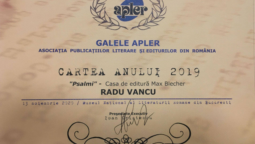”Psalmii” lui Radu Vancu a fost desemnată cartea anului 2019 în România